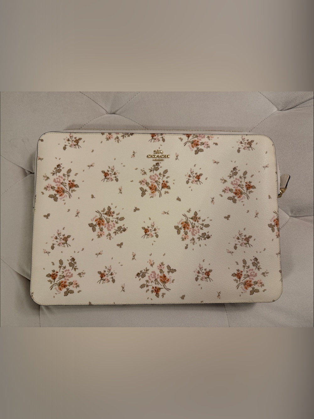 Coach Tea Roses Zip Laptop Sleeve with Gold Hardware